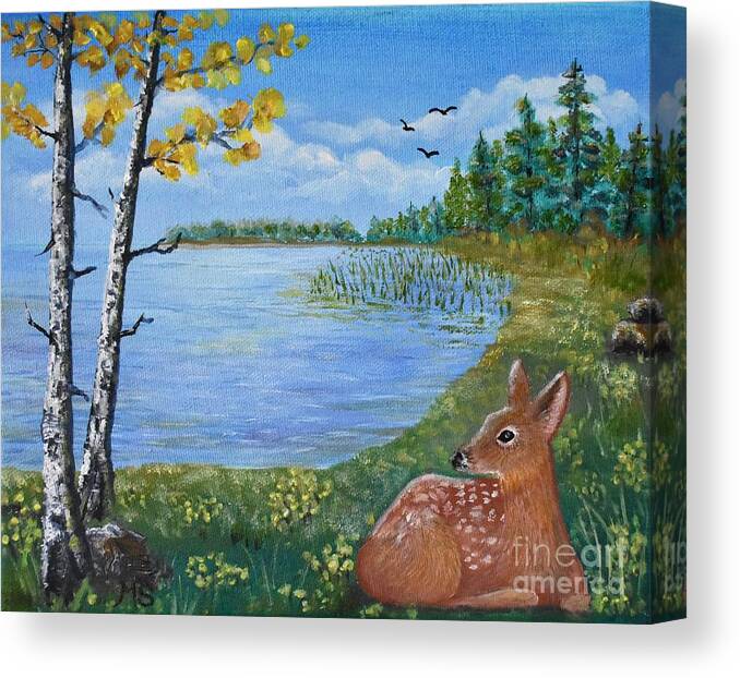 Deer Canvas Print featuring the painting Baby Fawn in Spring by Monika Shepherdson
