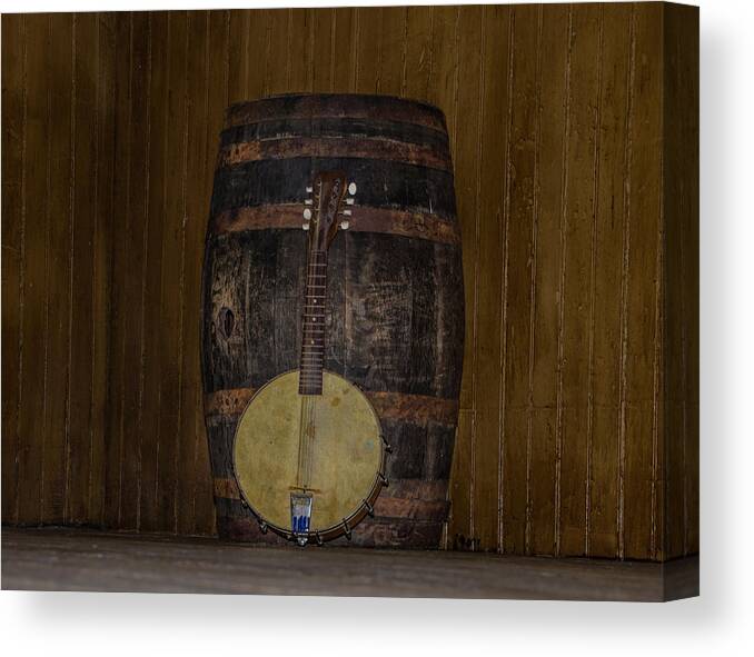 Banjo Canvas Print featuring the photograph Banjo Mandolin and an old Beer Keg by Bill Cannon