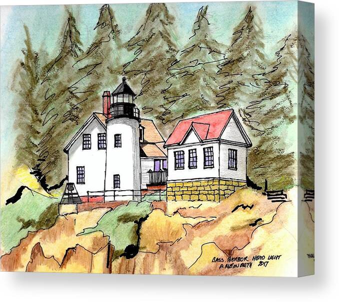 Drawings By Paul Meinerth Canvas Print featuring the drawing Bass Harbor Head Light by Paul Meinerth