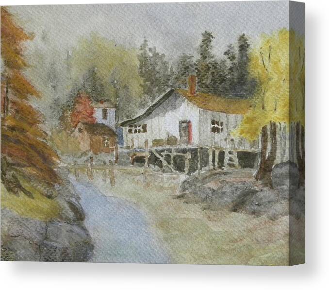 Landscape Water Color Ocean Harbor Houses Woods Canvas Print featuring the painting Bass Harbor Retreat by Scott W White