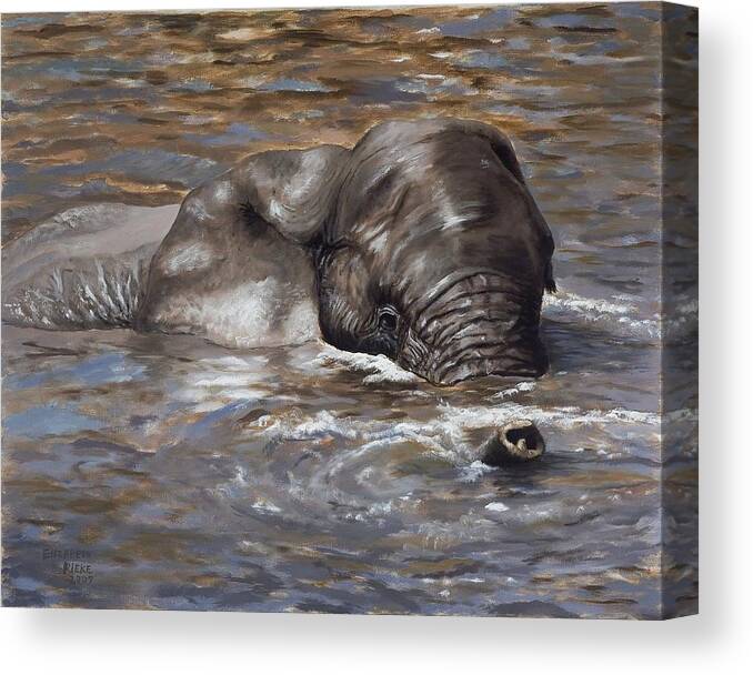 African Canvas Print featuring the painting Bath time - African Elephant in the Water by Elizabeth Rieke Hefley