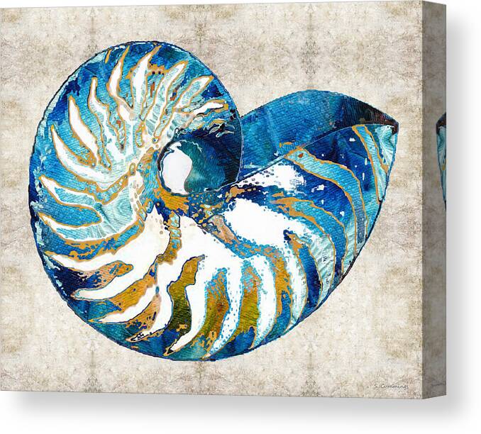 Blue Canvas Print featuring the painting Beach Art - Nautilus Shell Bleu - Sharon Cummings by Sharon Cummings