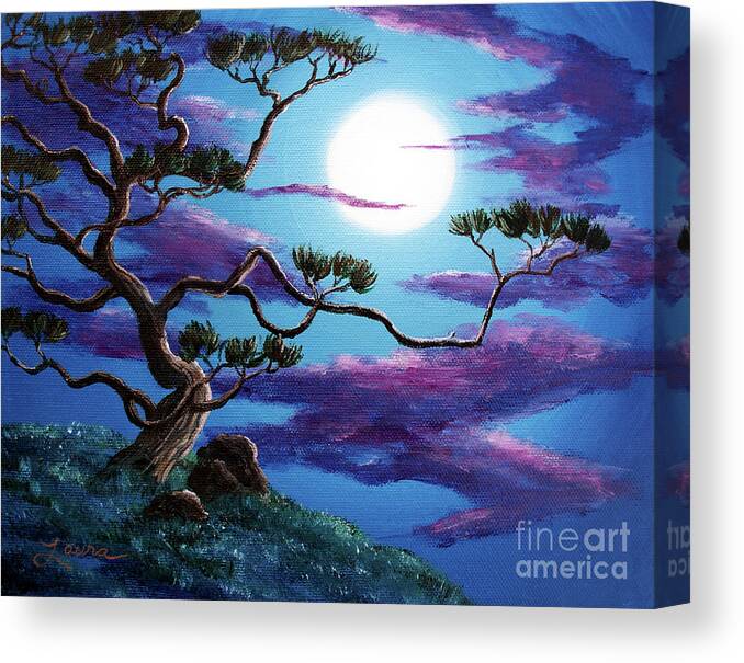Zenbreeze Canvas Print featuring the painting Bent Pine Tree at Moonrise by Laura Iverson
