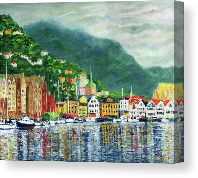 Bergen Canvas Print featuring the painting Bergen Harbor by Stan Sweeney