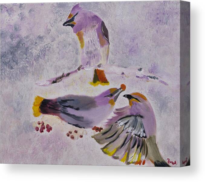Cedar Waxwings Canvas Print featuring the painting Berry Party by Meryl Goudey