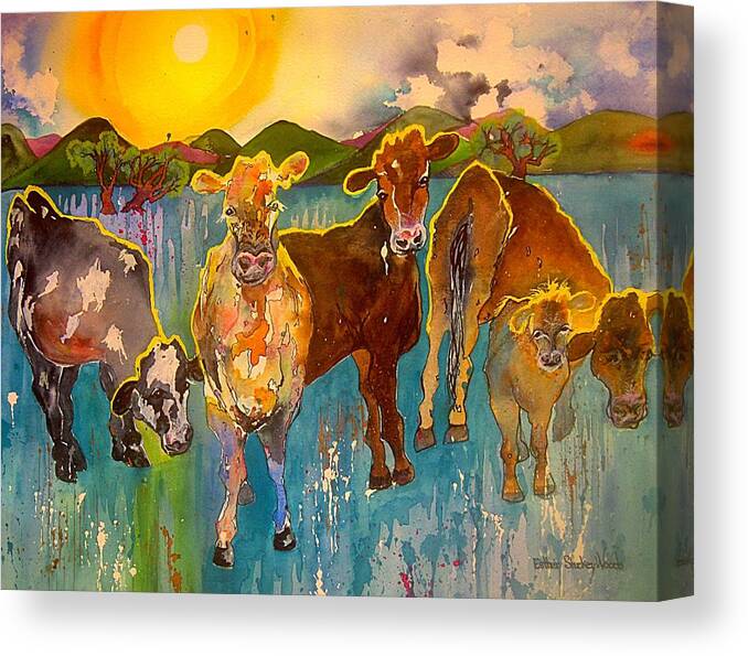 Cows At Sundown Canvas Print featuring the painting Better Cows by Esther Woods