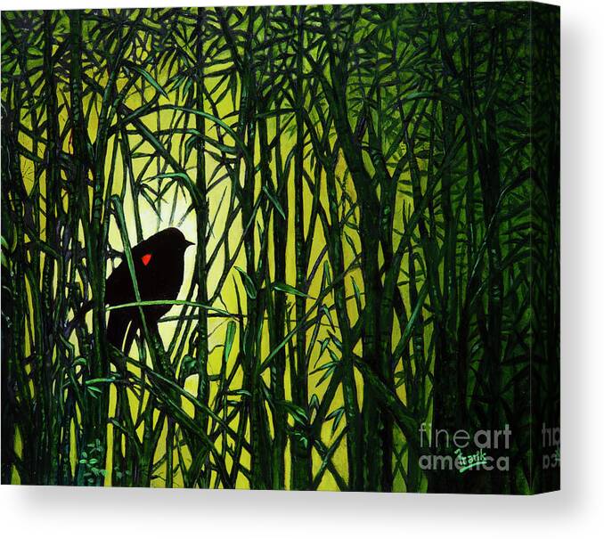 Reeds Canvas Print featuring the painting Bird in the Reeds by Michael Frank