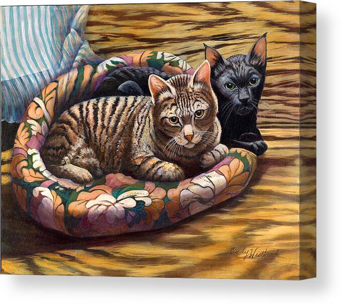 Cat Canvas Print featuring the painting Blackie and Meowth by Cynthia Westbrook