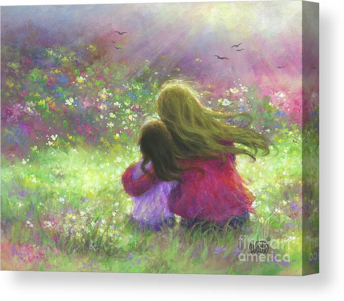Mother And Daughter Canvas Print featuring the painting Blonde Mother Brunette Daughter Garden by Vickie Wade