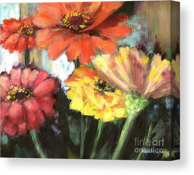 Zinnias Canvas Print featuring the painting Blooming Zinnias by Marsha Young