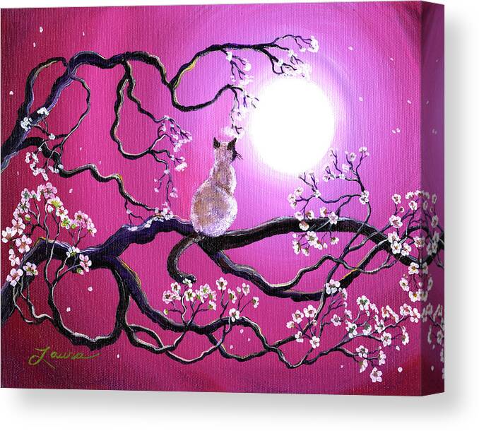 Siamese Cat Canvas Print featuring the painting Blossoms in Fuchsia Moonlight by Laura Iverson