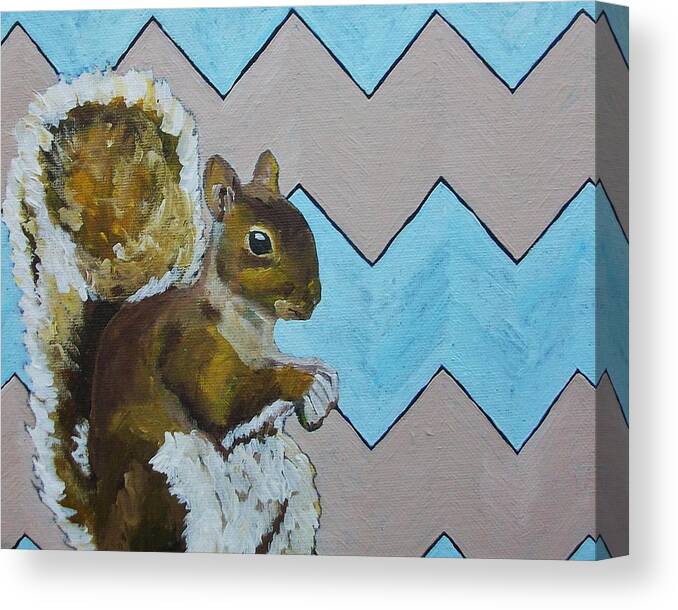 Art & Collectibles Painting Acrylic Squirrel Art Animal Art Wildlife Art Orange Home Decor Purple Home Decor Brown Home Decor Modern Chevron Bright Artwork Silly Art Funny Art Whimsical Design Humorous Art Nursery Art Canvas Print featuring the painting Blue and Beige Chevron Squirrel by Mike Kraus