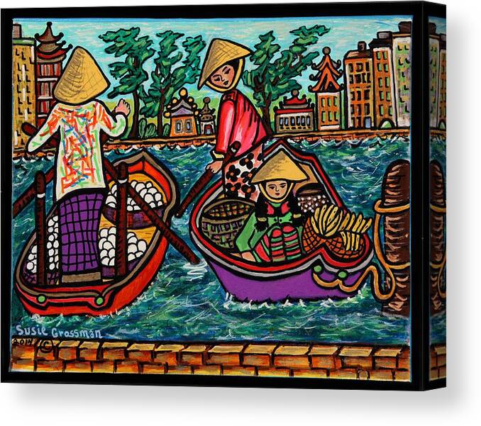 Rice Hat Canvas Print featuring the painting Boat Vendors by Susie Grossman