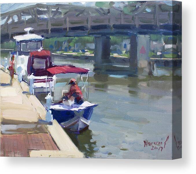 Boats Canvas Print featuring the painting Boats At North Tonawanda Canal by Ylli Haruni