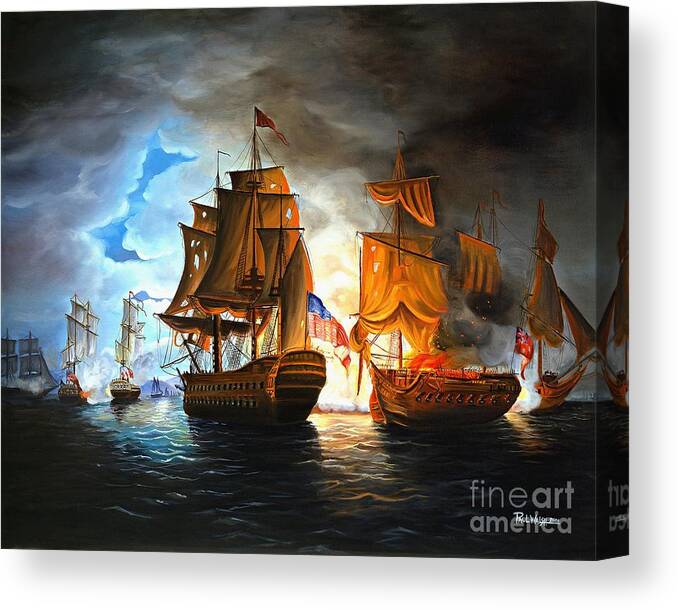 Naval Battle Canvas Print featuring the painting Bonhomme Richard engaging The Serapis in Battle by Paul Walsh