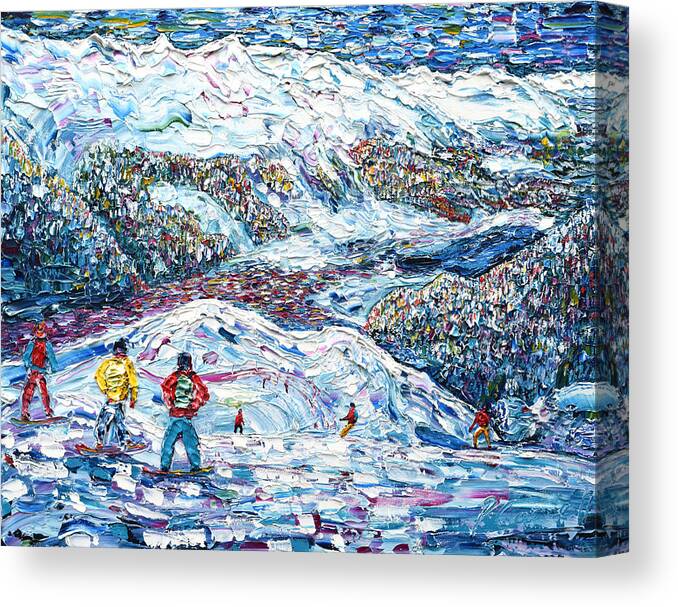 Klosters Canvas Print featuring the painting Boarders above Davos Platz by Pete Caswell