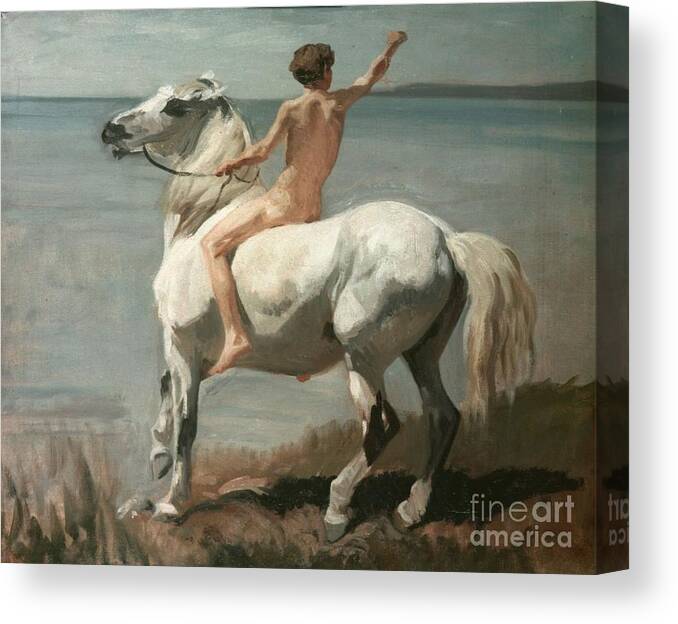 Rudolf Koller - Boy On The White Horse. Little Boy Canvas Print featuring the painting Boy On The White Horse by MotionAge Designs