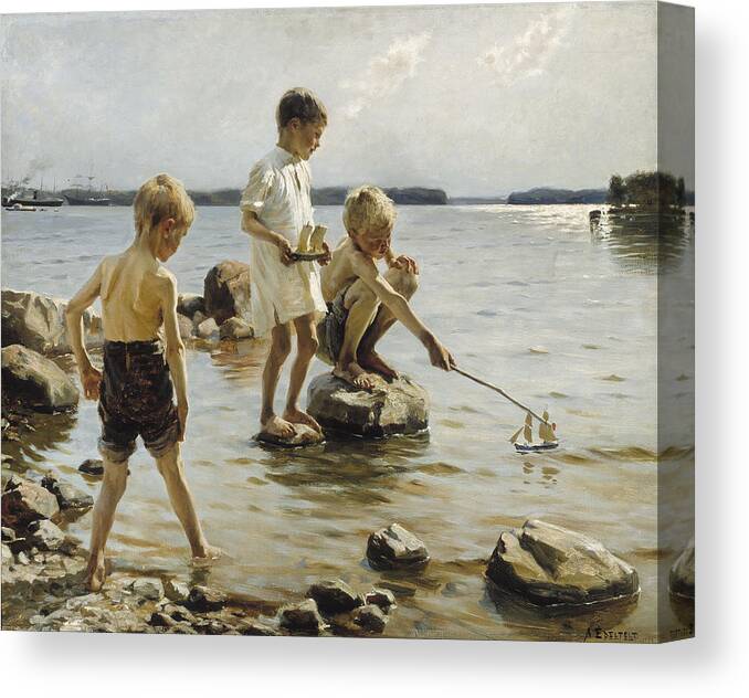 Albert Edelfelt - Boys Playing On The Shore Canvas Print featuring the painting Boys Playing on the Shore by MotionAge Designs