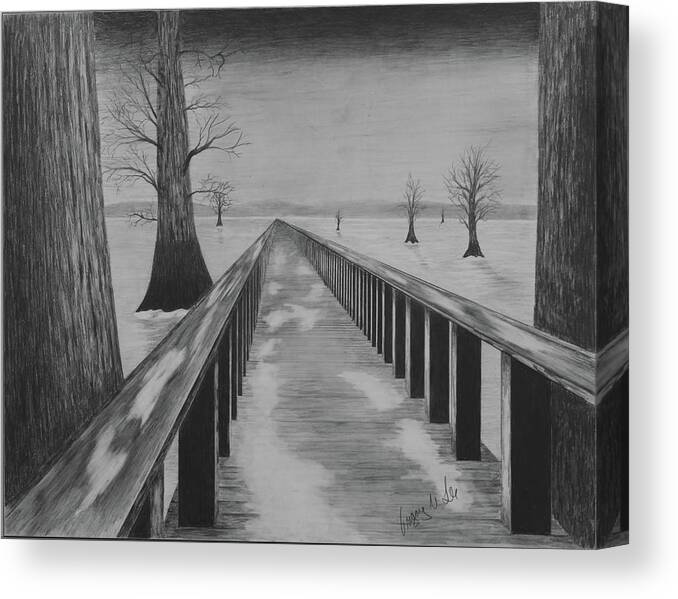 Lake Canvas Print featuring the drawing Bridge Across Frozen Lake by Gregory Lee