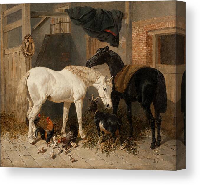 John Frederick Herring (senior) 1795 � 1865 British Barn Interior With Two Horses Canvas Print featuring the painting British Barn Interior with Two Horses by John Frederick Herring