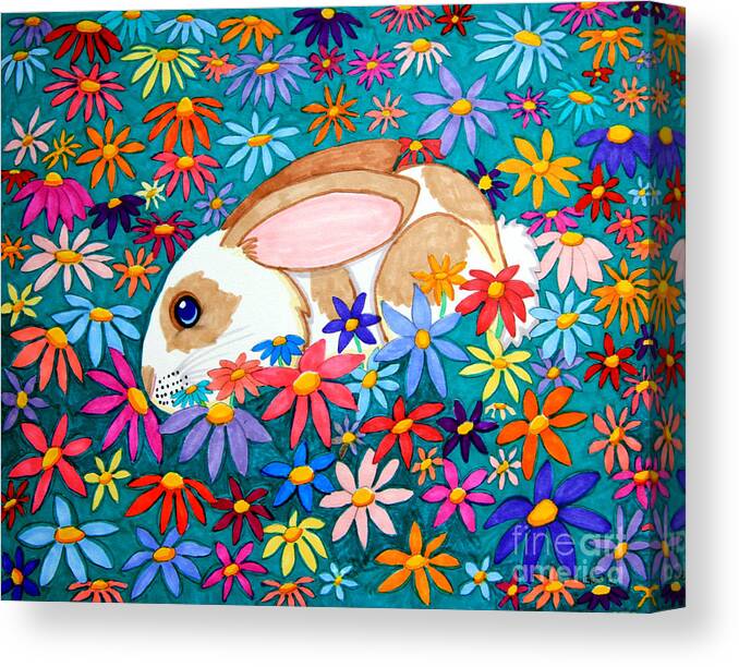 Bunny Canvas Print featuring the drawing Bunny and flowers by Nick Gustafson