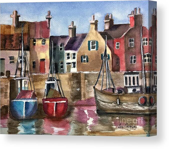 Boats Canvas Print featuring the painting By the Harbor by Sue Carmony