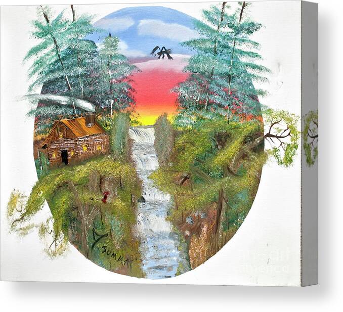 Oil On Canvas Canvas Print featuring the painting Cabin by the Falls by Joseph Summa