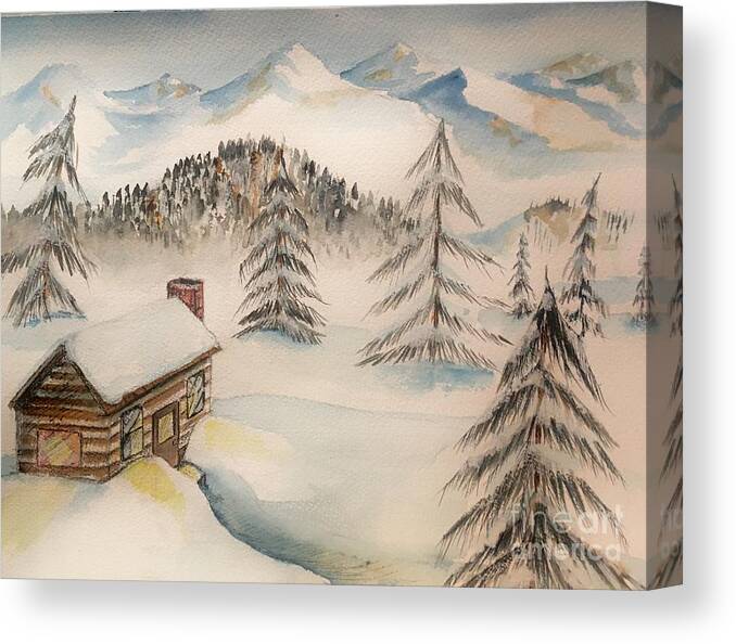 Snow Canvas Print featuring the painting Cabin in the Rockies by Mastiff Studios