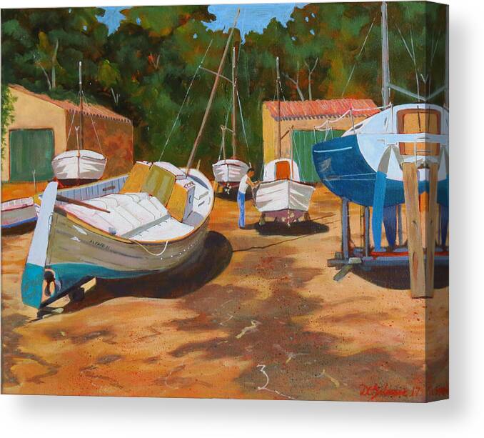 Mallorca Canvas Print featuring the painting Cala figuera Boatyard - I by David Gilmore