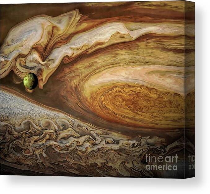 Jupiter Canvas Print featuring the photograph Callisto passing before red eye on Jupiter, space exploration by Tina Lavoie