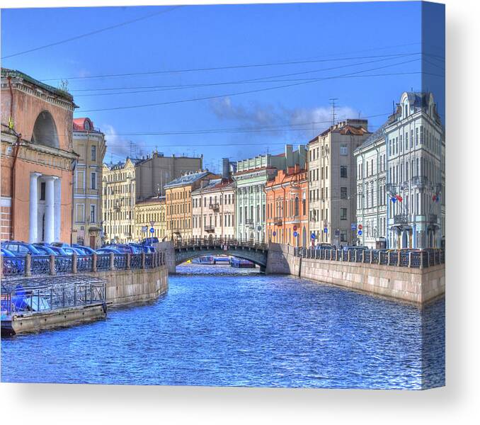 St. Petersburg Canvas Print featuring the photograph Canal in St. Petersburgh RUSSIA by Juli Scalzi