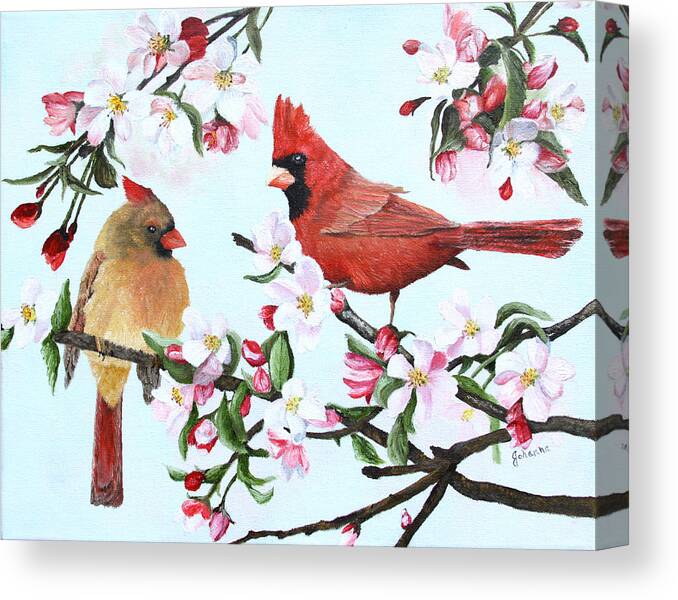Song Bird Canvas Print featuring the painting Cardinals and Apple Blossoms by Johanna Lerwick