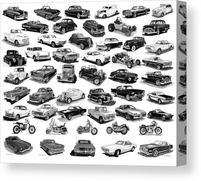 Poster Or Shower Curtain Art Of Black & White Cars Canvas Print featuring the drawing American Car Poster by Jack Pumphrey