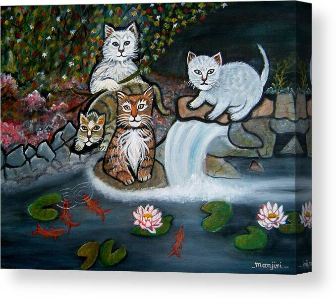 Acrylic Art Landscape Cats Animals Figurative Waterfall Fish Trees Canvas Print featuring the painting Cats In The Wild by Manjiri Kanvinde