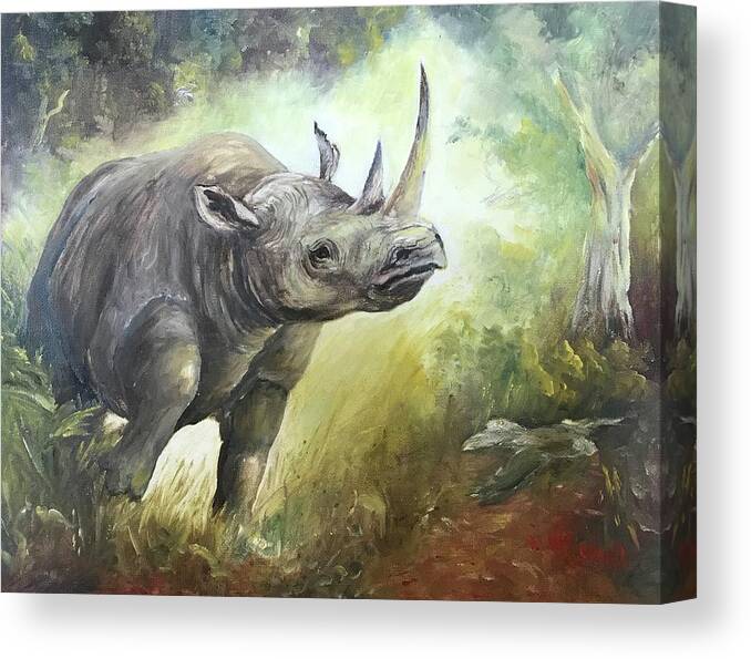 Rhino Canvas Print featuring the painting Charging Rhino by ML McCormick