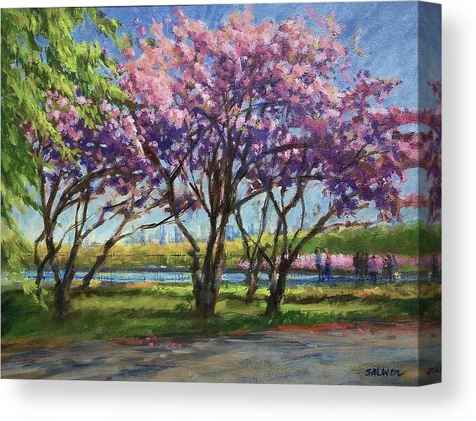 New York Landscape Canvas Print featuring the painting Cherry Blossoms, Central Park by Peter Salwen