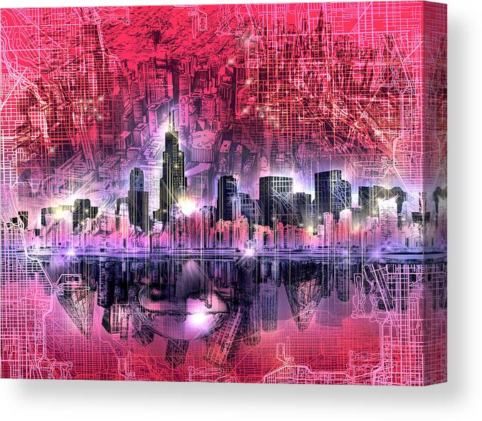 Chicago Skyline Canvas Print featuring the painting Chicago Skyline Red Version by Bekim M