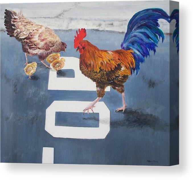 Rooster Canvas Print featuring the painting Chicken Crossing by Celene Terry