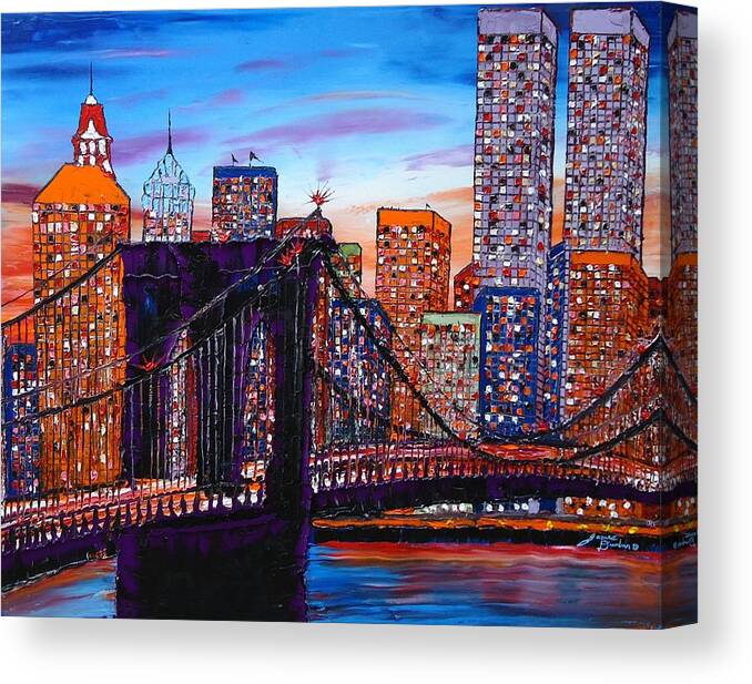  Canvas Print featuring the painting City Lights Over Brooklyn Bridge Twin Towers by James Dunbar