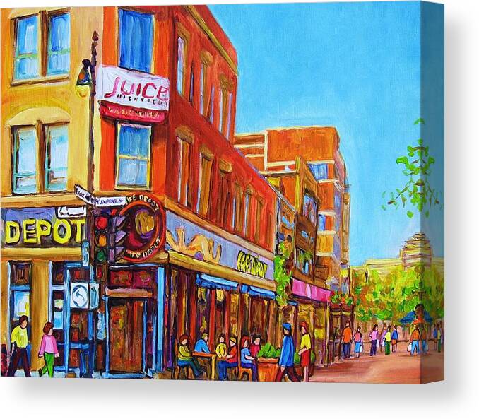  Cityscape Canvas Print featuring the painting Coffee Depot Cafe And Terrace by Carole Spandau