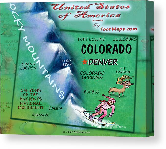 Colorado Canvas Print featuring the digital art Colorado Fun Map by Kevin Middleton