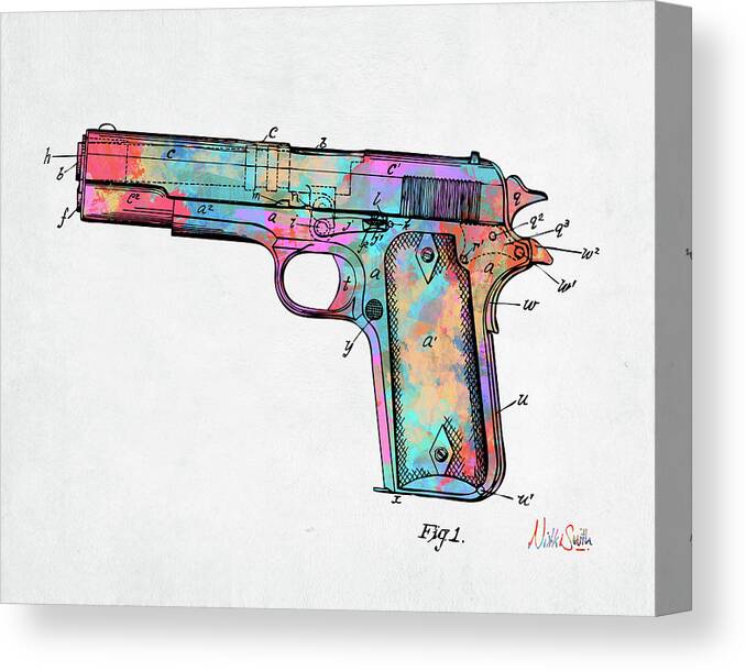 Colt 45 Canvas Print featuring the digital art Colorful 1911 Colt 45 Browning Firearm Patent Minimal by Nikki Marie Smith