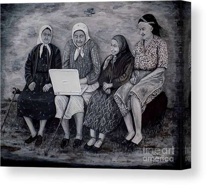 Old Ladies Canvas Print featuring the painting Computer Class by Judy Kirouac