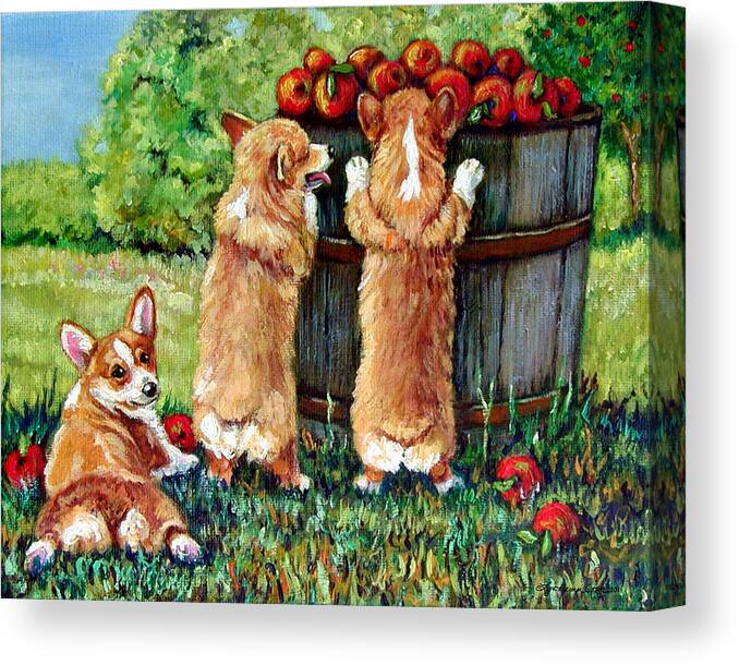 Pembroke Welsh Corgi Canvas Print featuring the painting Corgi Apple Harvest Pembroke Welsh Corgi puppies by Lyn Cook