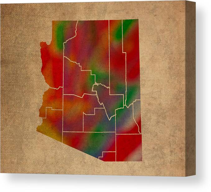 Counties Canvas Print featuring the mixed media Counties Of Arizona Colorful Vibrant Watercolor State Map On Old Canvas by Design Turnpike