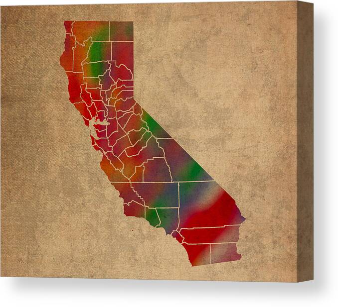 Counties Canvas Print featuring the mixed media Counties Of California Colorful Vibrant Watercolor State Map On Old Canvas by Design Turnpike