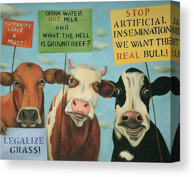 Cow Canvas Print featuring the painting Cows On Strike by Leah Saulnier The Painting Maniac