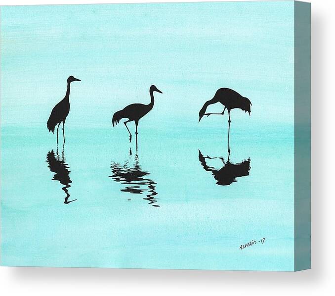 Watercolor Canvas Print featuring the painting Cranes by Edwin Alverio