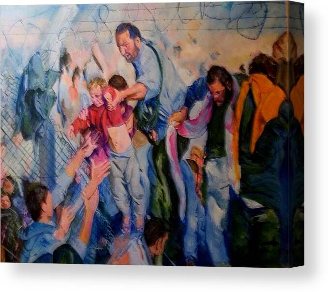 Refugees Canvas Print featuring the painting Crisis, What Crisis ? by Rosanne Gartner