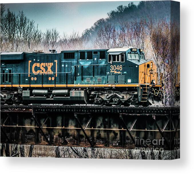 Csx Canvas Print featuring the photograph CSX GE Engine 3046 on Trestle by Thomas Marchessault